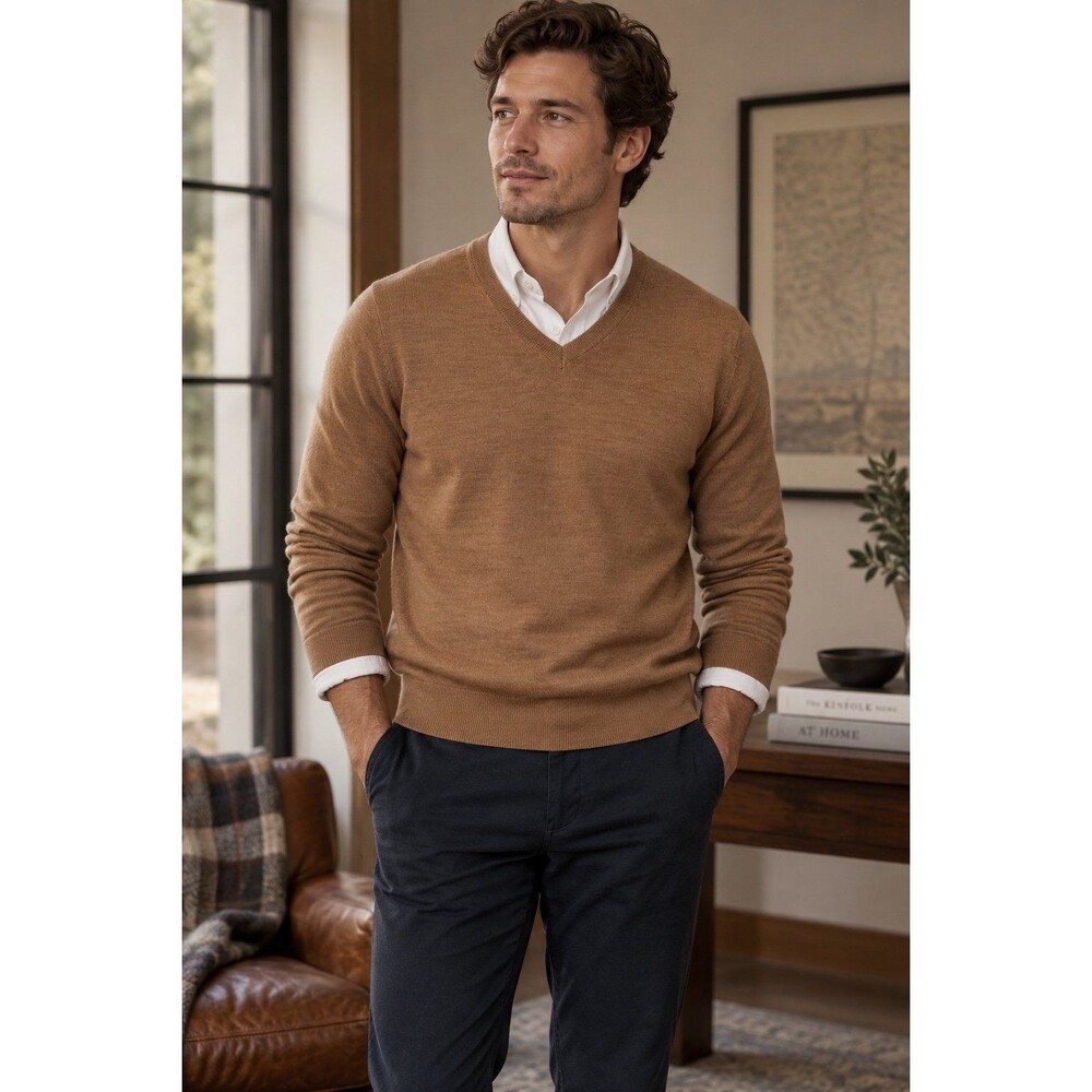 Banana Republic Sweater 100% Merino Wool Pullover Camel Vneck Mens Large casual